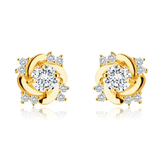 Puzetové 14K náušnice - trblietavý okrúhly číry zirkón, zatočené ramená