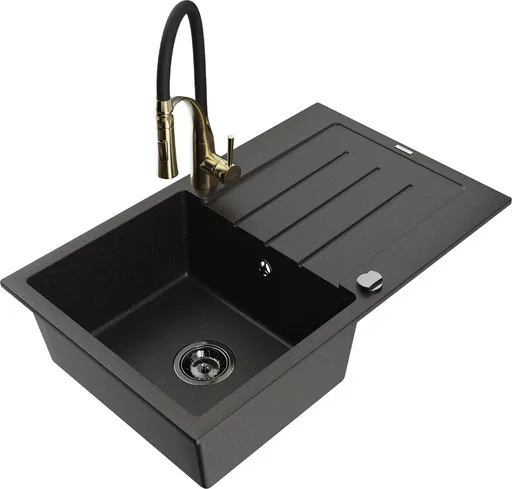 MEXEN/S MEXEN/S - Bruno granitový drez s odkvapkávačom vrátane batérie Aster, čierna/zlatá metalik 6513-75-73450-57-B