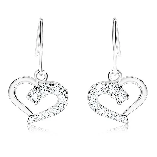 Strieborné 925 náušnice, srdcová kontúra s čírou zirkónovou polovicou