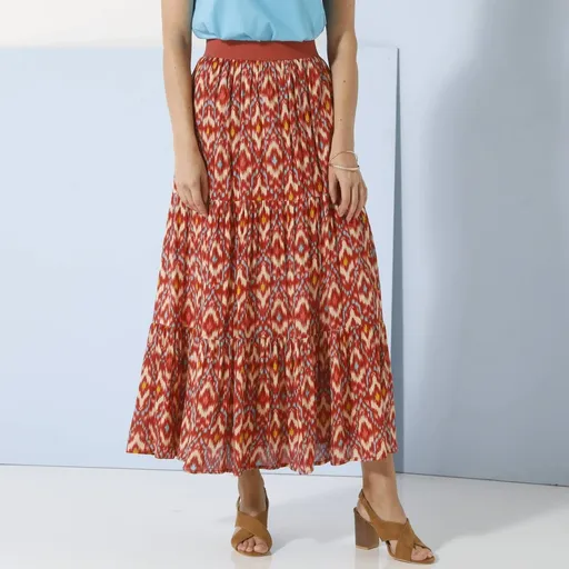 Dlhá volánová sukňa s potlačou v ikat štýle