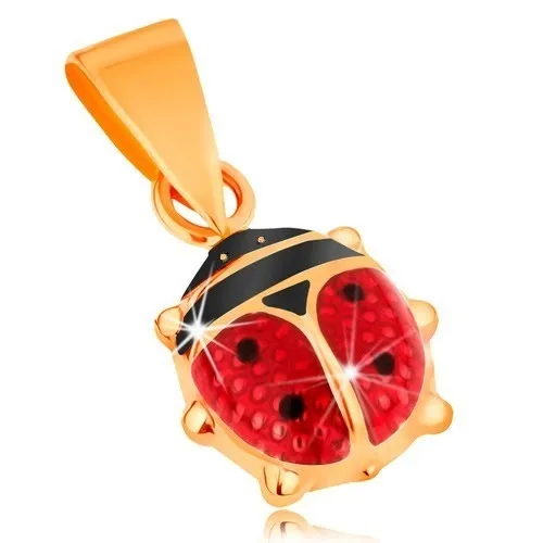 Prívesok zo žltého 14K zlata - vypuklá glazúrovaná červeno-čierna lienka