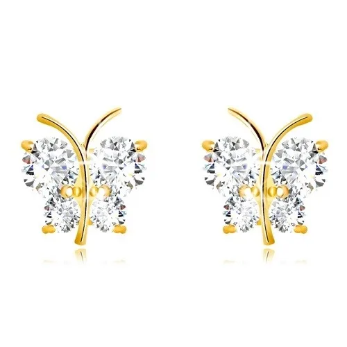 Zlaté 9K náušnice - lesklý motýľ s trblietavými krídlami, transparentné zirkóny
