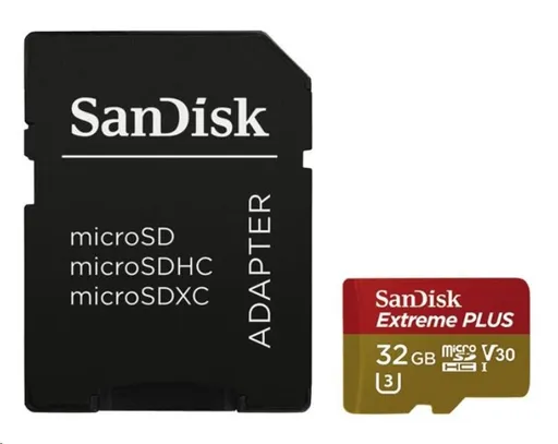 SanDisk MicroSDHC karta 32GB Extreme PLUS (10MB/s, UHS-I V30, Rescue Pro Deluxe) + adaptér