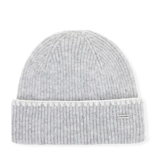 Dámska zimná šedá čiapka s ozdobným lemom a kovovým logom 101-HF-203-8