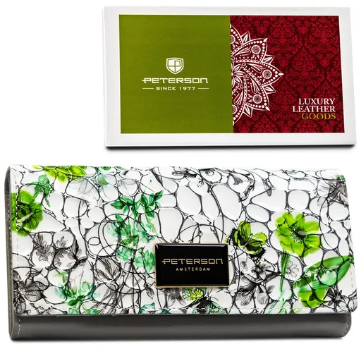 Veľká, ležatá dámska peňaženka z pravej kože s kvetinovým vzorom - Peterson