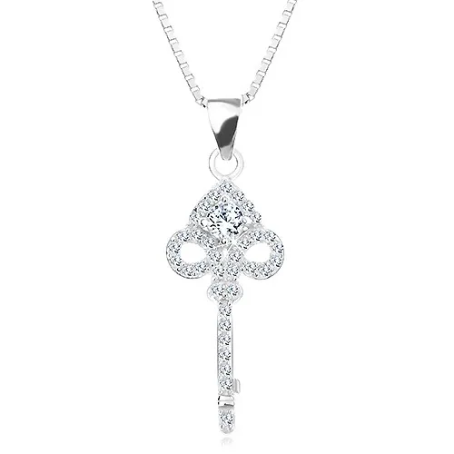 Náhrdelník zo striebra 925, retiazka a prívesok - vyrezávaný kľúčik, zirkóny