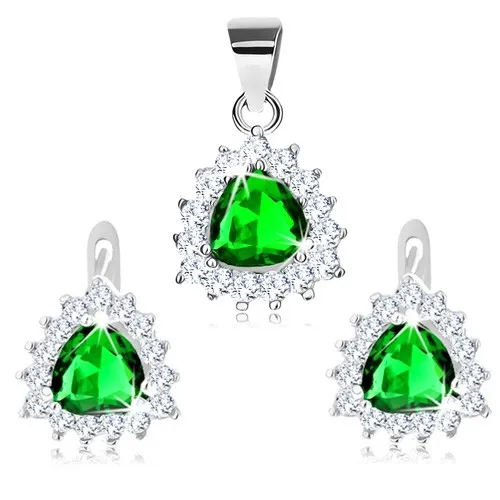 Set prívesku a náušníc, striebro 925, zelený zirkón v obryse trojuholníka