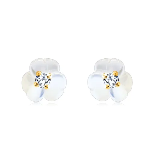 Zlaté náušnice z 9K zlata - malý trblietavý zirkónik, perleťový kvietok