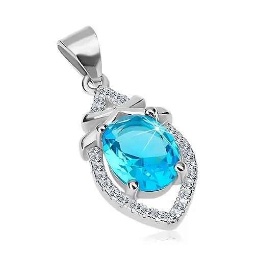 Prívesok zo striebra 925, azúrovo modrý ovál, hladké prúžky, číre zirkóny