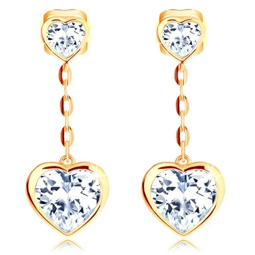 Náušnice v žltom 14K zlate - dve číre srdiečka, retiazka z oválnych očiek