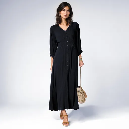 Jednofarebné dlhé krepónové šaty s
		gombíkmi