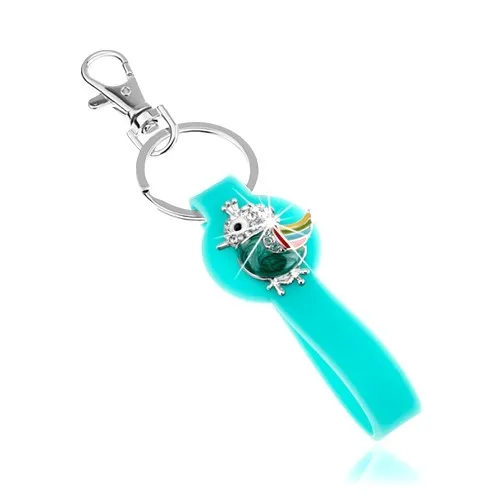 Prívesok na kľúče, silikónová časť v tyrkysovej farbe, pestrofarebný vtáčik