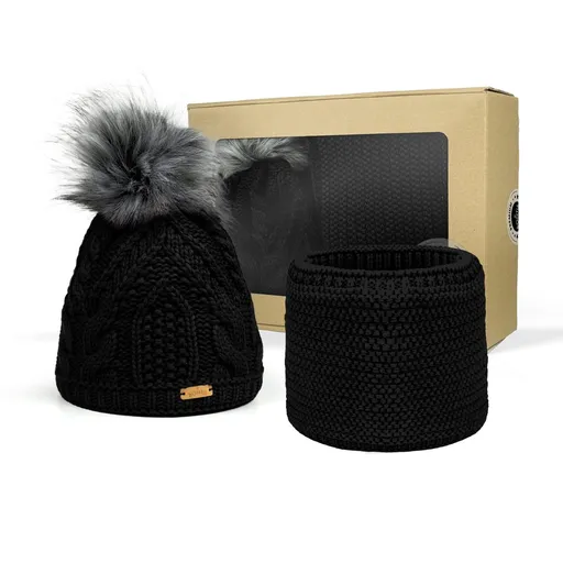 Bontis Darčekové balenie: Dámska čiapka s brmbolcom a nákrčník - Čierna
