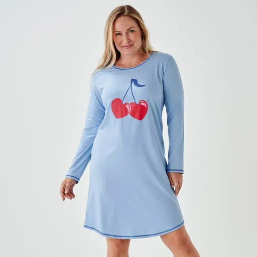 Krátka nočná košeľa s potlačou čerešní a dlhými rukávmi