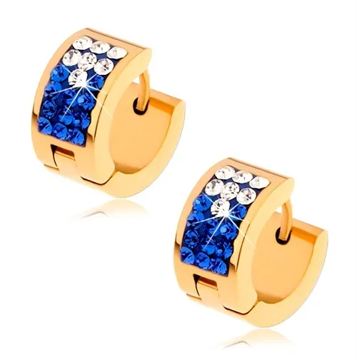 Náušnice zlatej farby, chirurgická oceľ, číre a tmavomodré zirkóny