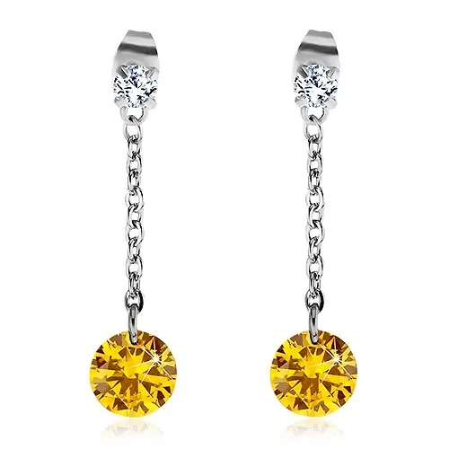 Náušnice z chirurgickej ocele, veľký žltý a menší číry zirkón, retiazka