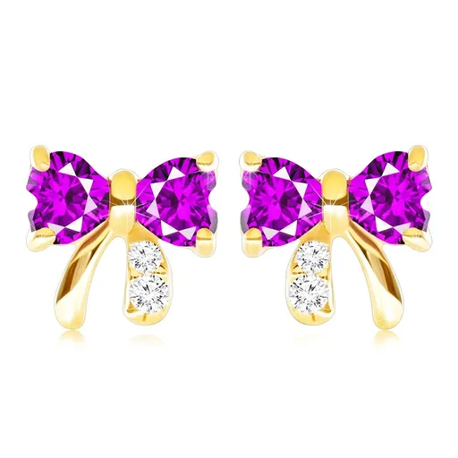 Zlaté náušnice 9K v tvare mašle s fialovým ametystom a čírymi zirkónmi