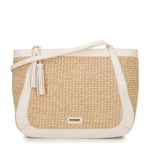 Dámska shopperka z ekokože a výpletu béžovo-krémová 100-4Y-407-90