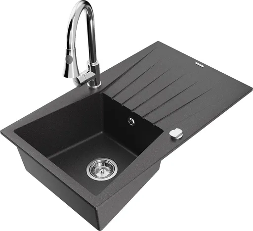 MEXEN/S MEXEN/S - Cesar granitový drez 1 s odkvapkávačom vrátane batérie Elia, čierna kropenatá 6514-76-670101-00