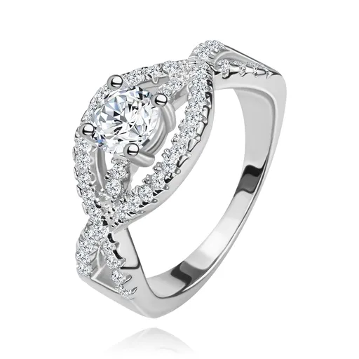 Strieborný prsteň 925, zvlnené zirkónové línie, okrúhly číry kameň - Veľkosť: 52 mm