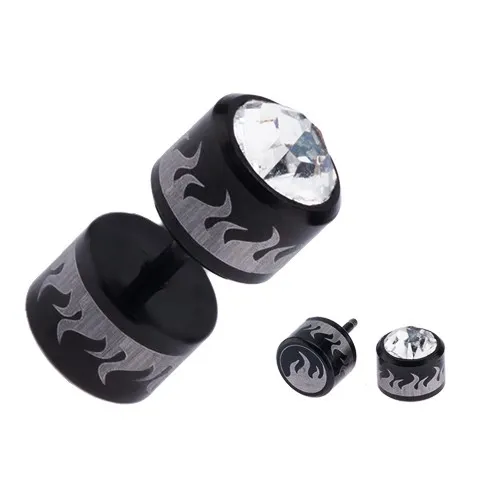 Oceľový fake plug čiernej farby - plamene v striebornom odtieni, zirkón