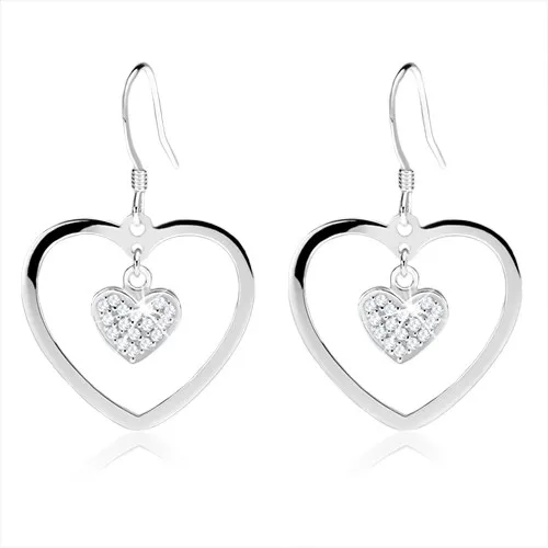 Náušnice zo striebra 925, obrys srdca s menším zirkónovým srdiečkom