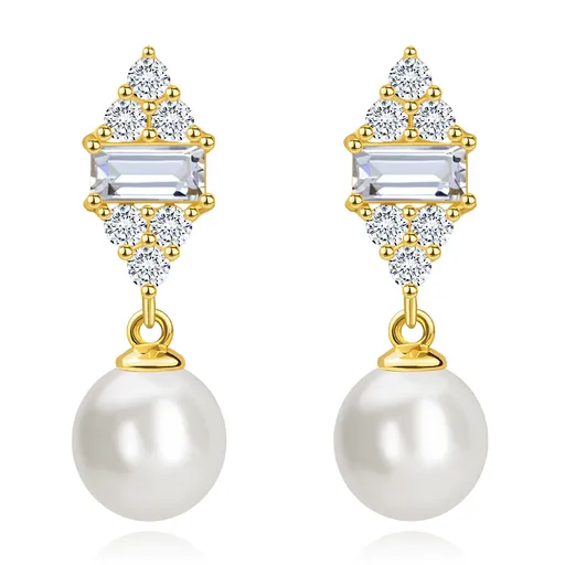 Zlaté 14K náušnice zo žltého zlata - kultivovaná perla, zirkónový list