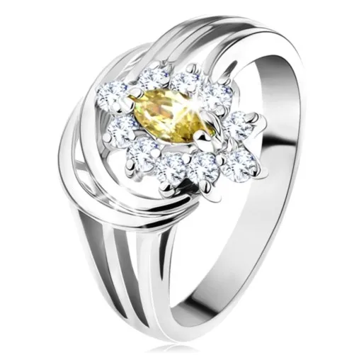 Prsteň s rozvetvenými ramenami, svetlozelené brúsené zrnko s čírym lemom - Veľkosť: 49 mm