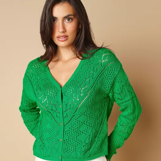 Ažúrový sveter s gombíkmi zlatej farby