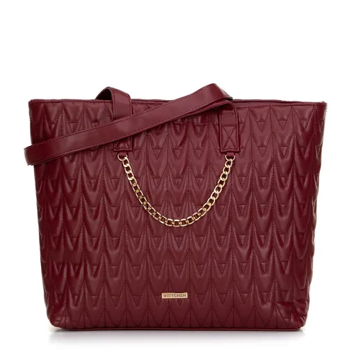 Dámska shopperka z ekokože s geometrickým vzorom bordová 99-4Y-426-3