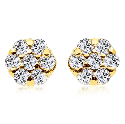 Diamantové náušnice zo 14K žltého zlata - malý kvet, okrúhle číre diamanty, puzetky