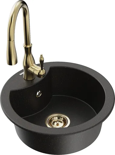 MEXEN/S MEXEN/S - Diego granitový drez 1-miska vrátane batérie Savita, čierna/zlatá metalik 6512-75-672601-50