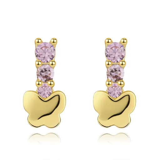 Zlaté náušnice 14K motýľ a ružové zirkóny v línii