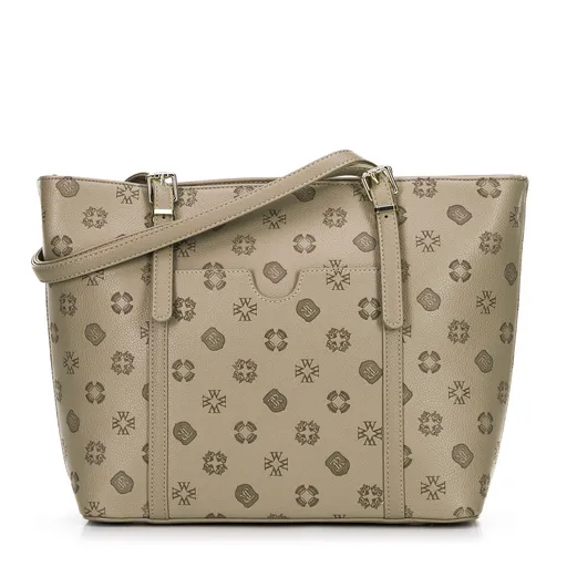 Dámska nákupná kabelka z imitácie kože s reliéfnym podpisom, béžová 101-4Y-P05-9