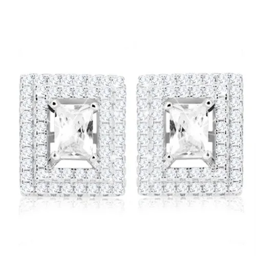 Strieborné 925 náušnice, obdĺžnikový brúsený zirkón, dvojitý zirkónový lem