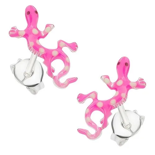 Strieborné náušnice 925, bodkovaná jašterička, tmavoružová a biela glazúra