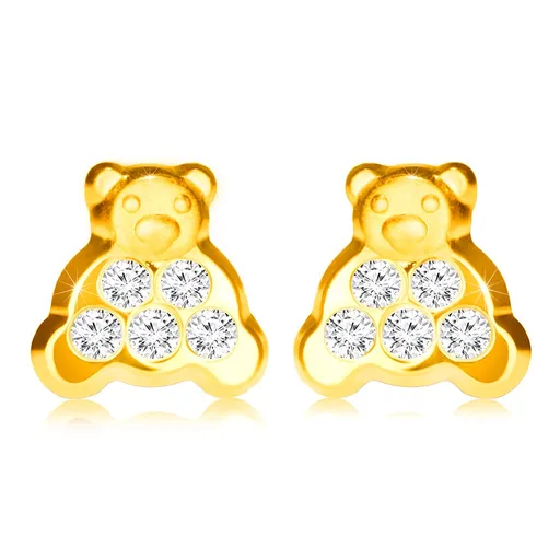 Zlaté náušnice 9K medvedík s čírymi zirkónmi