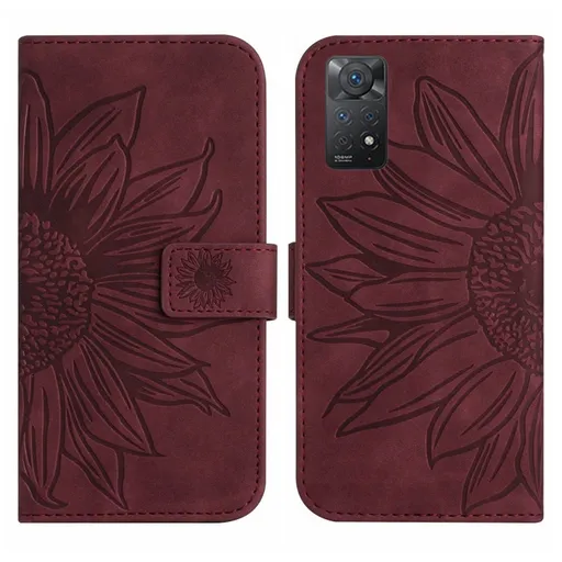 ART SUNFLOWER Peňaženkový obal so šnúrkou pre Xiaomi Redmi Note 11 / Note 11S bordový