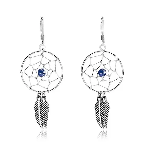 Strieborné náušnice 925, tmavomodrá gulička, okrúhly lapač snov, 20 mm