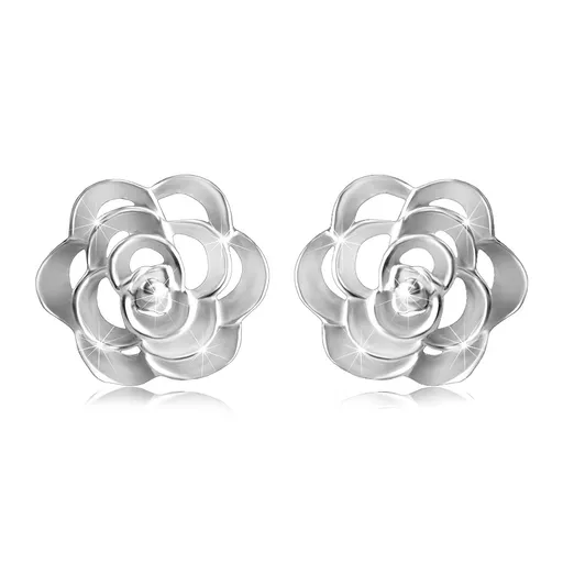 Strieborné 925 náušnice - vyrezávaná ruža s lupeňmi, puzetové zapínanie