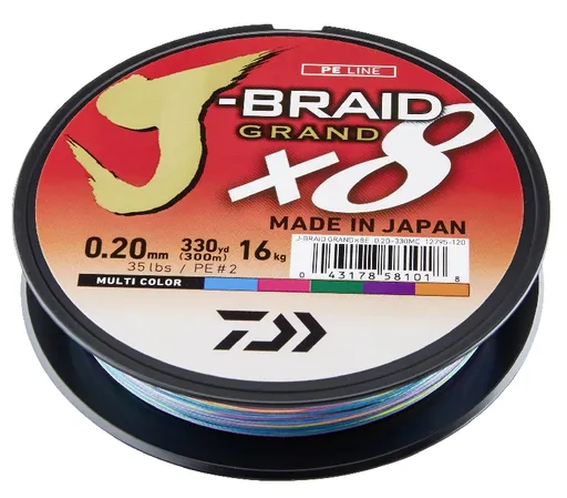 Daiwa splietaná šnúra j-braid 8 grand mutlifarba 150 m-priemer 0,18 mm / nosnosť 12,5 kg