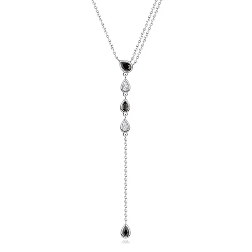 Strieborný 925 náhrdelník Y s čiernymi a čírymi zirkónmi v tvare slzy