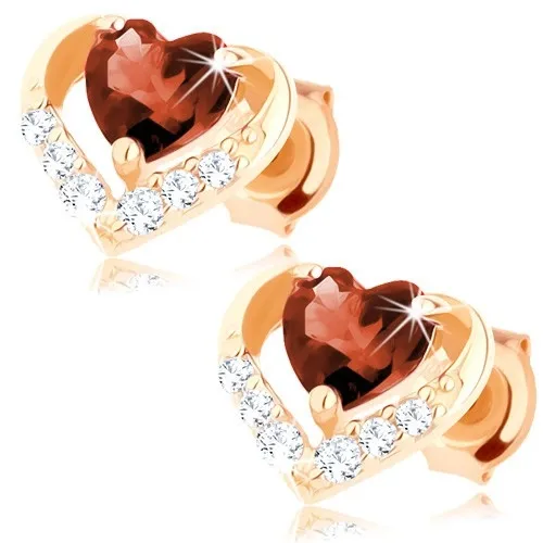 Zlaté náušnice 9K v tvare srdca s granátom a čírymi zirkónmi