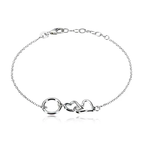Strieborný náramok 925 - dve lesklé srdiečka a krúžok, menšie oválne očká