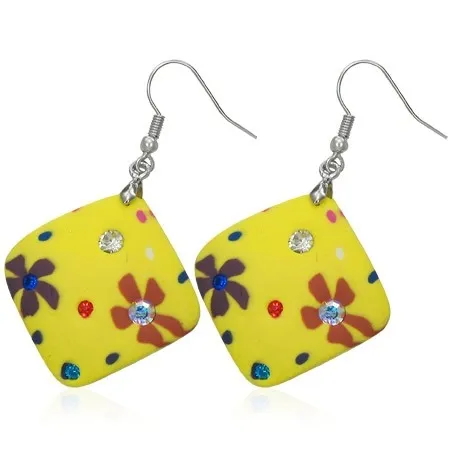 Náušnice Fimo - žlté štvorčeky, kvietky a zirkóny