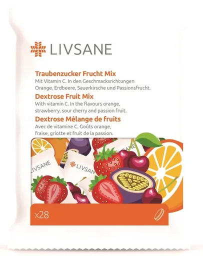 LIVSANE Hroznový cukor s vitamínom C mix príchutí 28 žuvacích tabliet