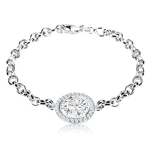 Strieborný náramok 925 - kruh s ozdobne vyrezávaným kvetom a zirkónmi