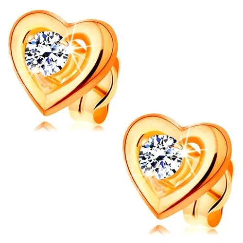 Zlaté náušnice 585 - obrys súmerného srdiečka, vyvýšený číry zirkón v strede