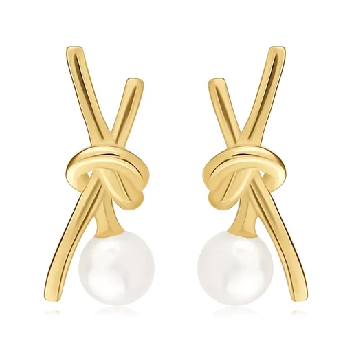 Náušnice zo žltého 9K zlata - prekrížené línie, biela sladkovodná perla
