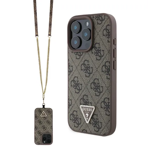 GUESS 4G STRASS SET Ochranný kryt + remienok pre Apple iPhone 16 Pro hnedý